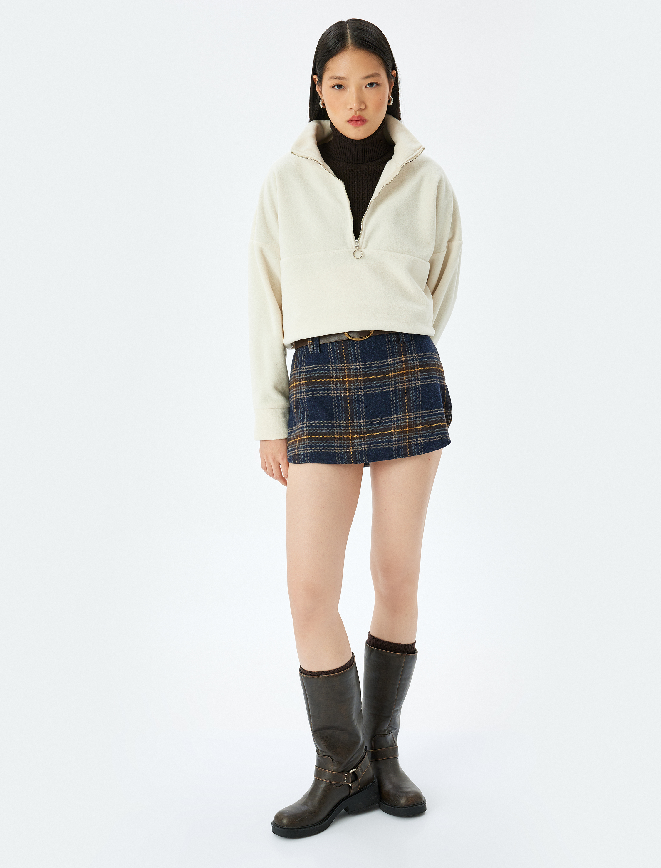   Yarım Fermuarlı Uzun Kollu Polar Oversize Sweatshirt