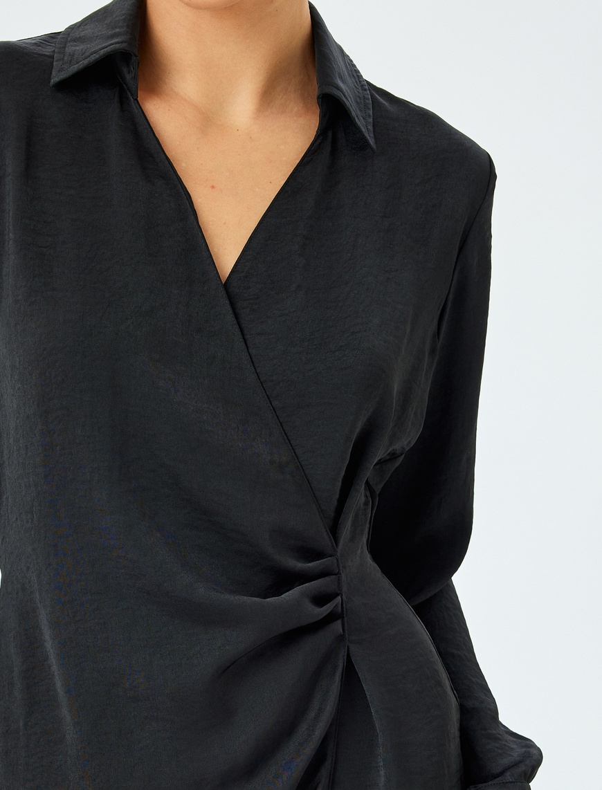   Uzun Kollu Drape Detaylı Mini Boy Kruvaze Gömlek Elbise