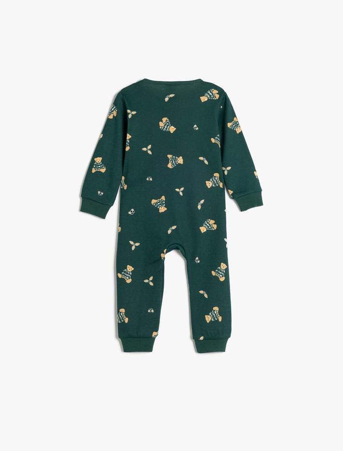 Erkek Bebek Ayıcık Baskılı Fermuar Kapamalı Pamuklu Tulum