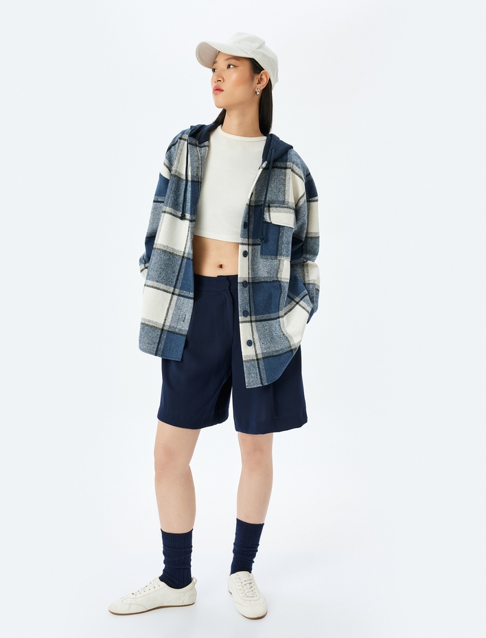  Kapüşonlu Cepli Oversize Uzun Kollu Oduncu Gömleği