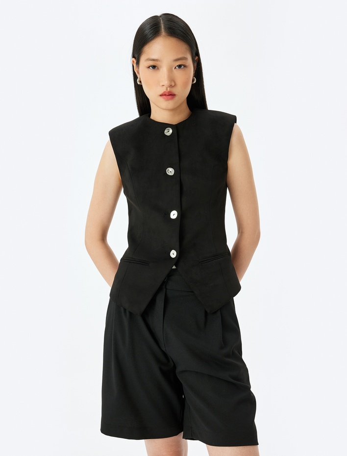  Düğmeli Fleto Cepli Bisiklet Yaka Slim Fit Yelek