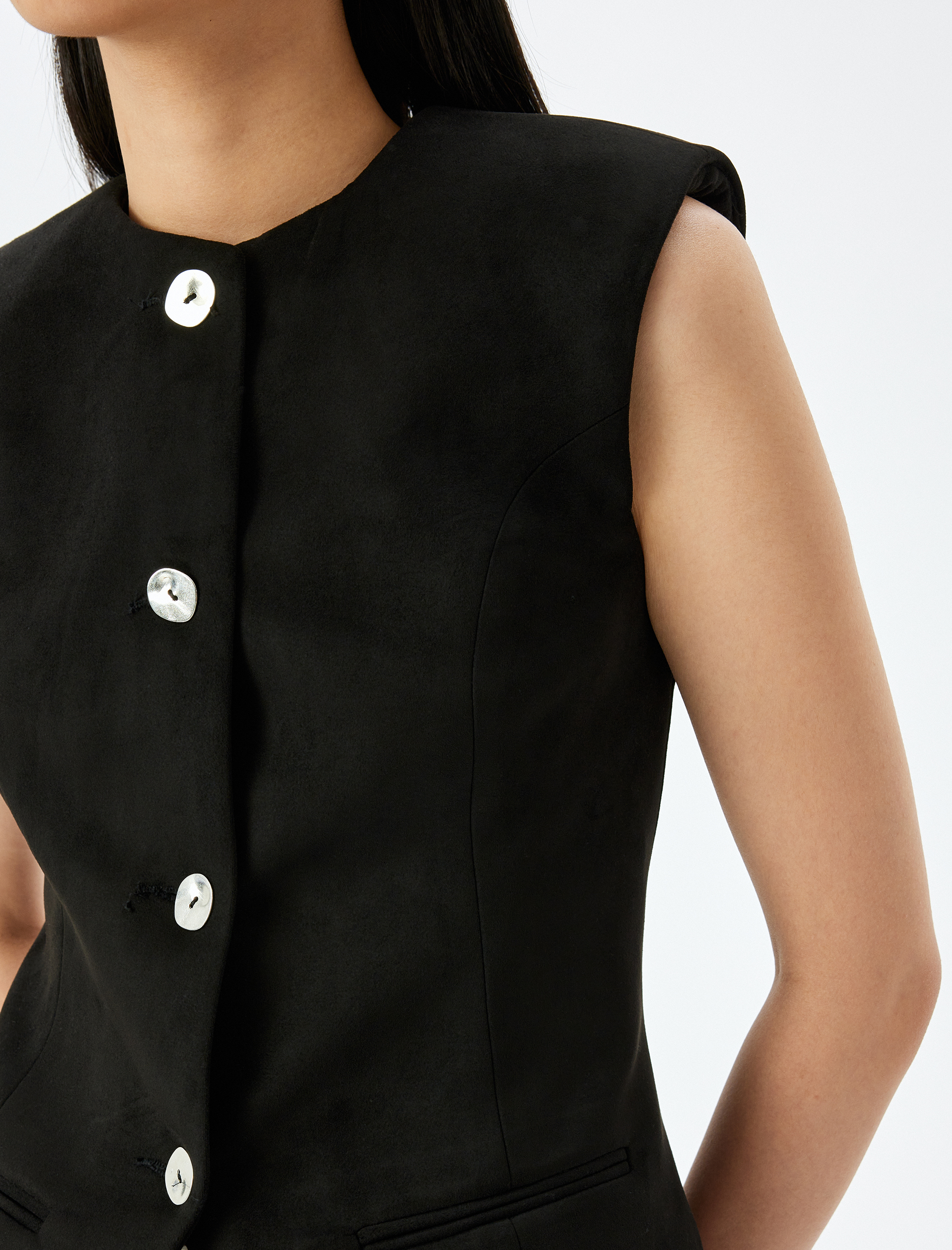 Düğmeli Fleto Cepli Bisiklet Yaka Slim Fit Yelek