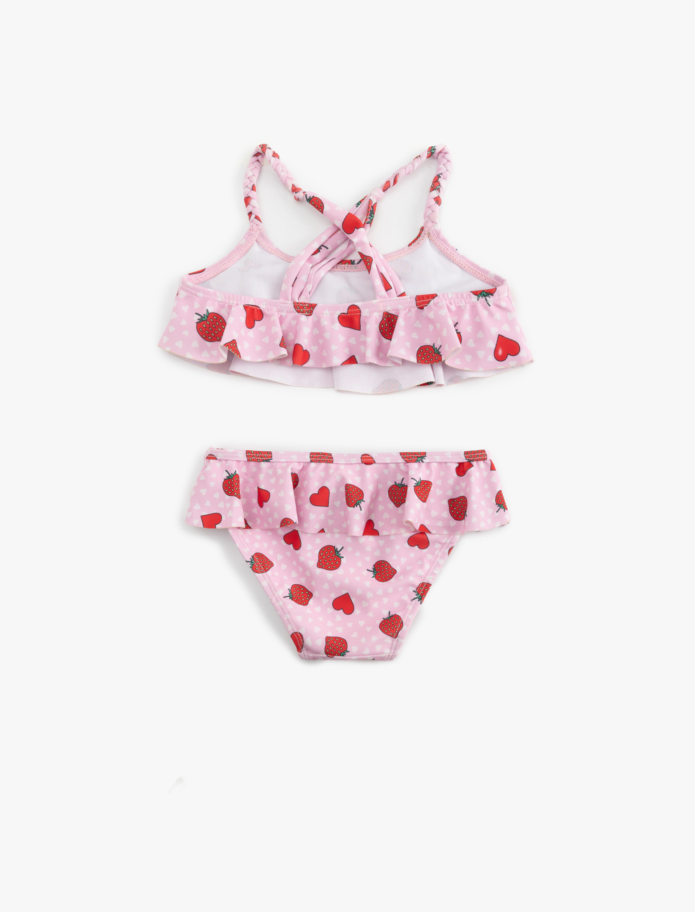  Kız Çocuk Kalp ve Çilek Desenli Fırfırlı Bikini Seti