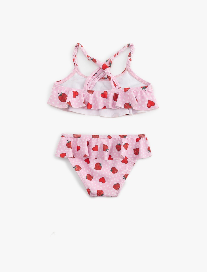 Kız Çocuk Kalp ve Çilek Desenli Fırfırlı Bikini Seti