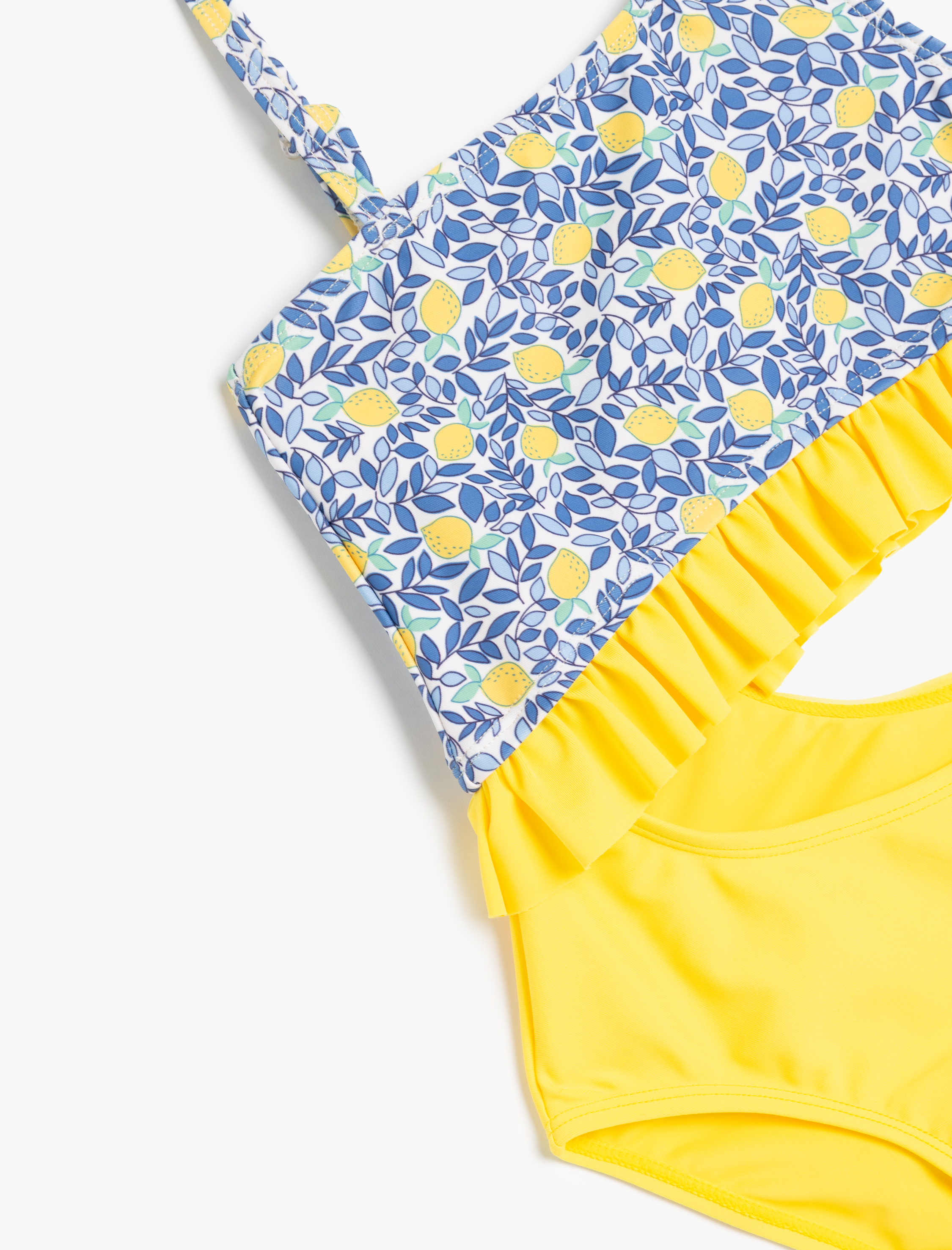  Kız Çocuk Asimetrik Yaka Fırfır Detaylı Pencere Detaylı Mayo