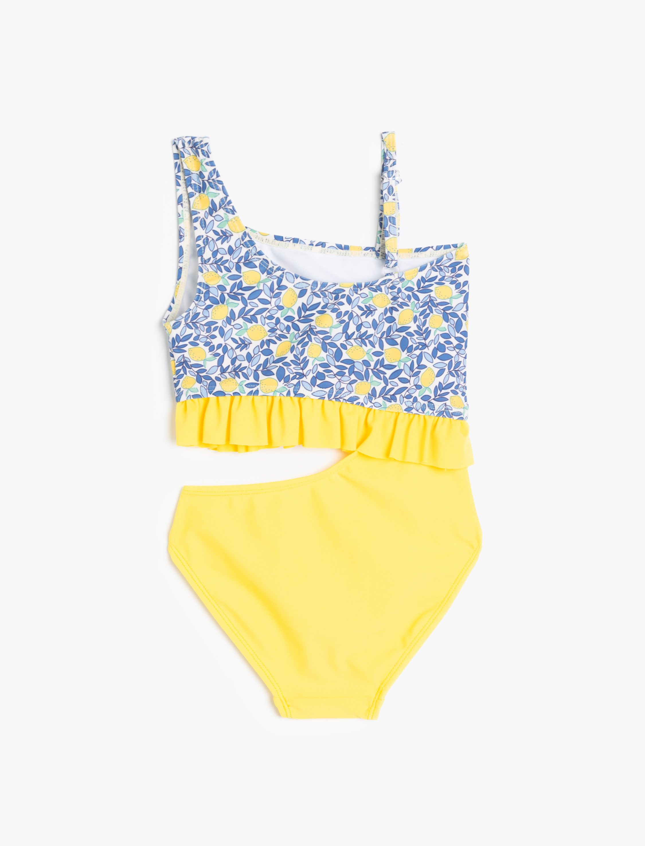  Kız Çocuk Asimetrik Yaka Fırfır Detaylı Pencere Detaylı Mayo