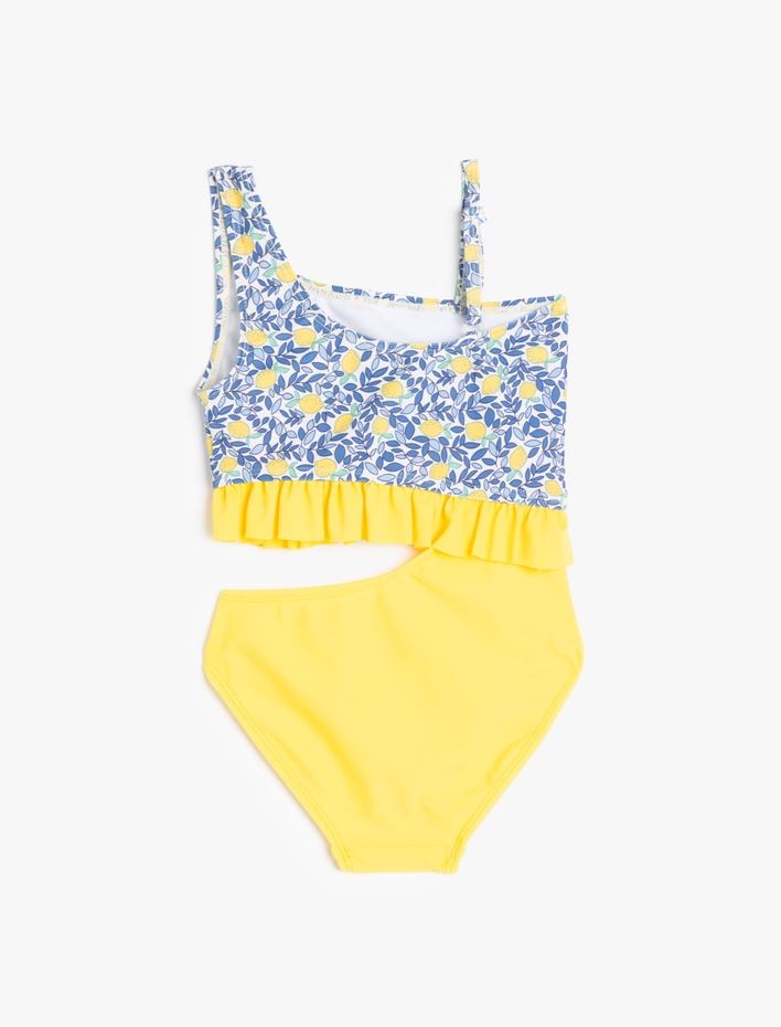 Kız Çocuk Asimetrik Yaka Fırfır Detaylı Pencere Detaylı Mayo