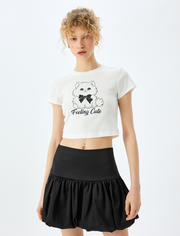 Kedi Baskılı Crop Bisiklet Yaka Slim Fit Tişört_2