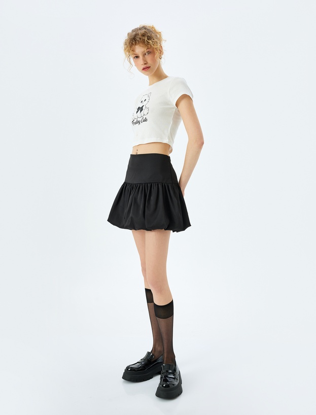 Kedi Baskılı Crop Bisiklet Yaka Slim Fit Tişört_1