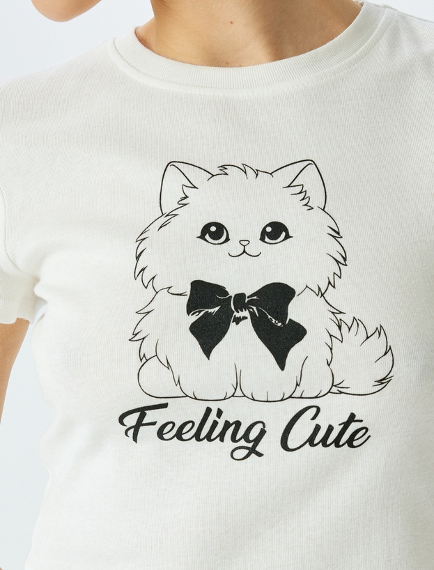 Kedi Baskılı Crop Bisiklet Yaka Slim Fit Tişört_4