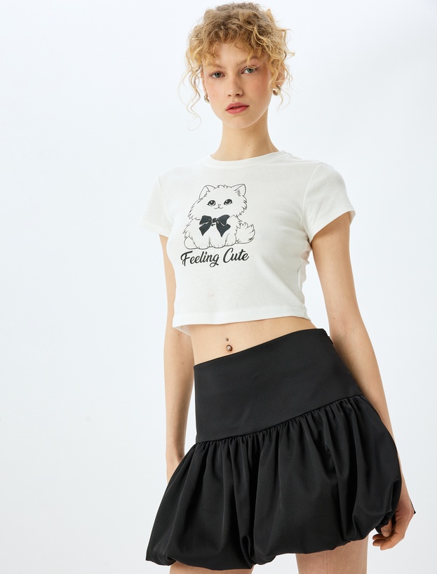 Kedi Baskılı Crop Bisiklet Yaka Slim Fit Tişört_0
