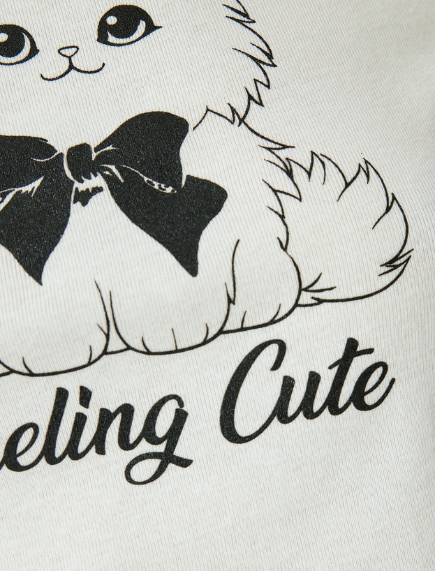 Kedi Baskılı Crop Bisiklet Yaka Slim Fit Tişört_5