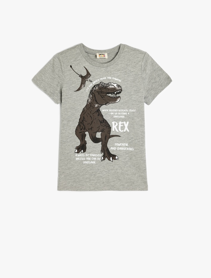Erkek Çocuk Dinozor Baskılı Kısa Kollu Bisiklet Yaka Tişört