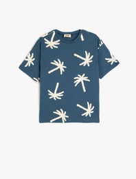 Palmiye Desenli Bisiklet Yaka Oversize Pamuklu Tişört