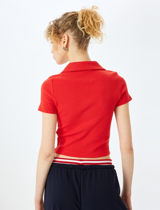 Fermuar Detaylı Slim Fit Drapeli Kısa Kollu Crop Tişört_3