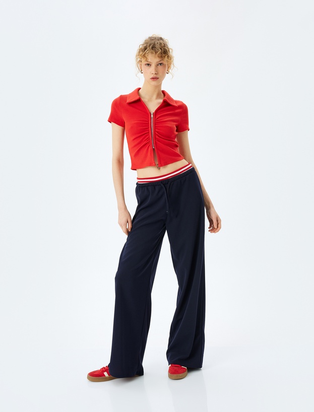 Fermuar Detaylı Slim Fit Drapeli Kısa Kollu Crop Tişört_1