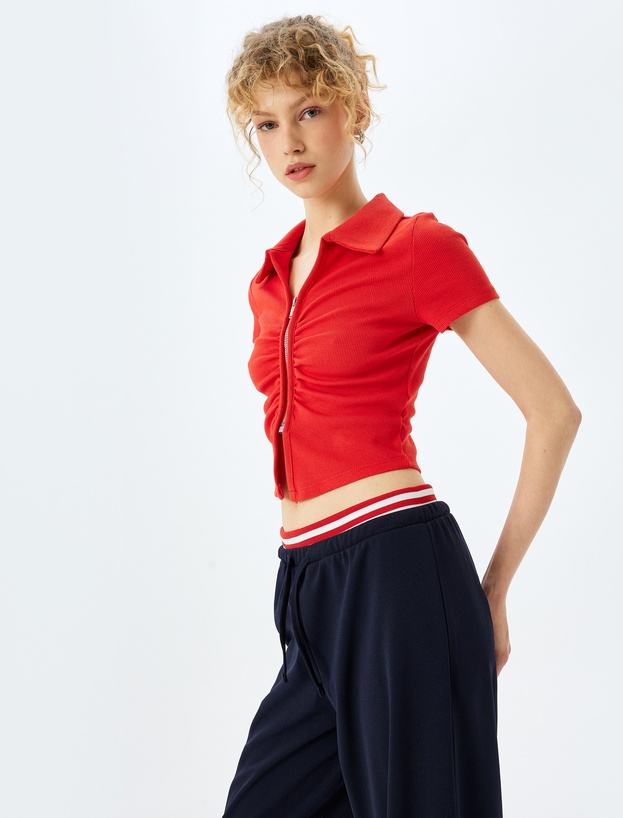 Fermuar Detaylı Slim Fit Drapeli Kısa Kollu Crop Tişört_0