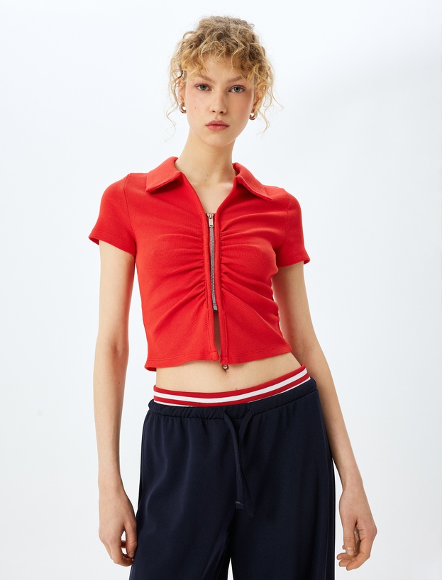 Fermuar Detaylı Slim Fit Drapeli Kısa Kollu Crop Tişört_2