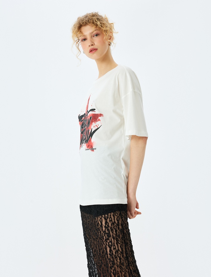  Slogan Baskılı Kısa Kollu Bisiklet Yaka Oversize Tişört