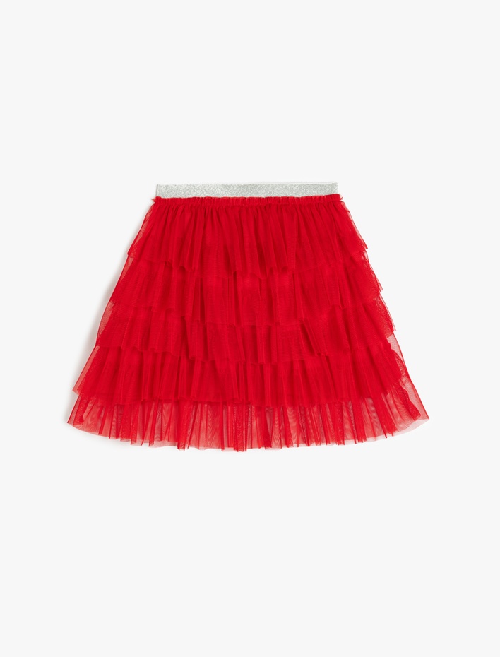 Kız Çocuk Kat Detaylı  Beli Lastikli Tütü Etek