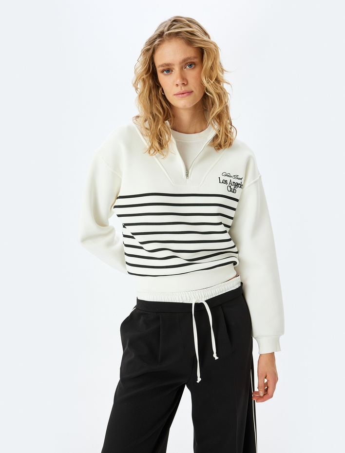  Pamuk Karışımlı Dik Yaka Çizgili Yarım Fermuarlı Sweatshirt