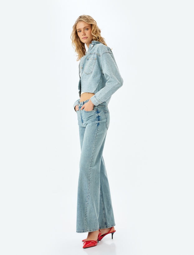 Normal Bel Geniş Paça Düğmeli Kot Pantolon  -  Wide Leg Jeans_1