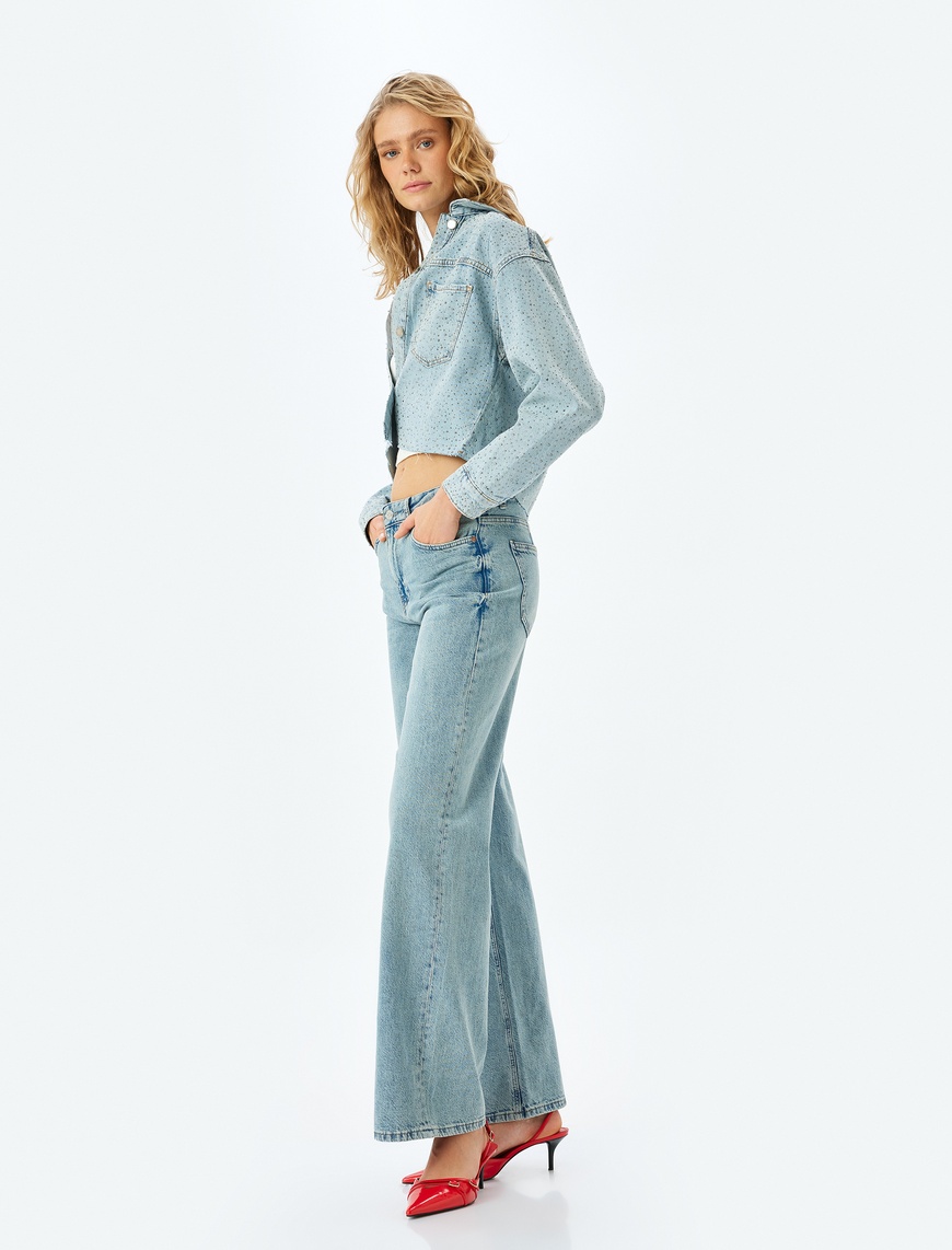   Normal Bel Geniş Paça Düğmeli Kot Pantolon  -  Wide Leg Jeans