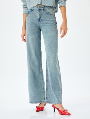 Normal Bel Geniş Paça Düğmeli Kot Pantolon  -  Wide Leg Jeans_2