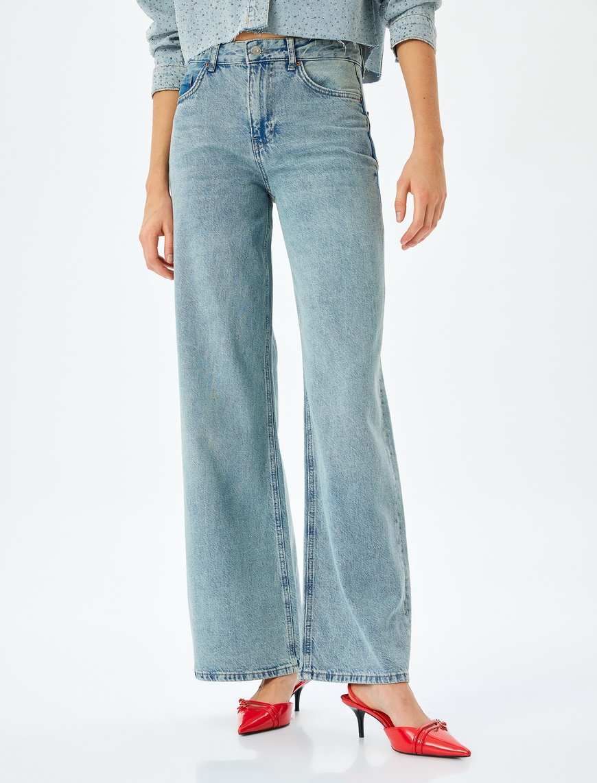   Normal Bel Geniş Paça Düğmeli Kot Pantolon  -  Wide Leg Jeans