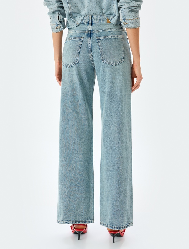Normal Bel Geniş Paça Düğmeli Kot Pantolon  -  Wide Leg Jeans_3