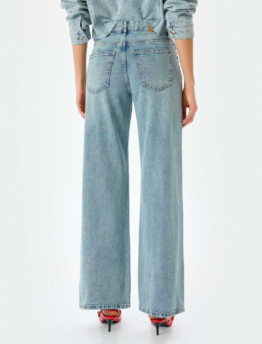   Normal Bel Geniş Paça Düğmeli Kot Pantolon  -  Wide Leg Jeans