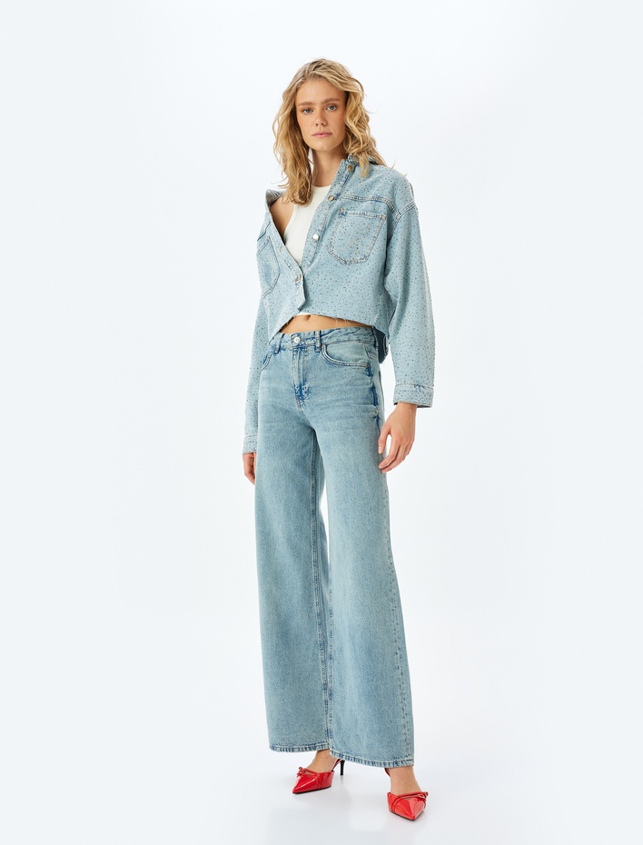  Normal Bel Geniş Paça Düğmeli Kot Pantolon  -  Wide Leg Jeans