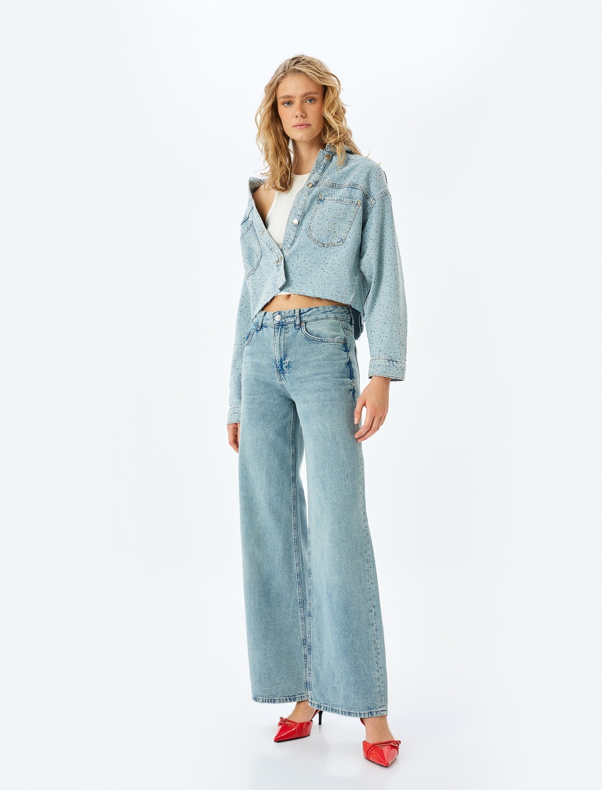   Normal Bel Geniş Paça Düğmeli Kot Pantolon  -  Wide Leg Jeans