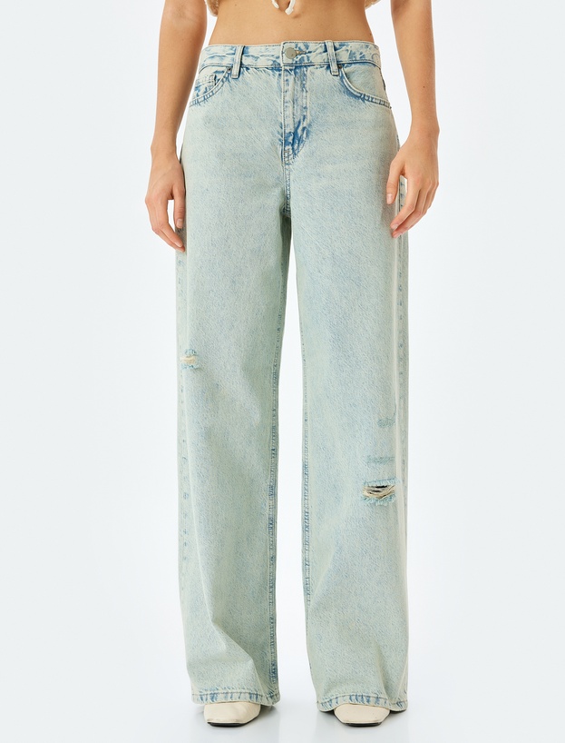 Yıpratma Detaylı Düşük Bel Bol Kalıp Kot Pantolon  -  Loose Straigh Fit Jean_2