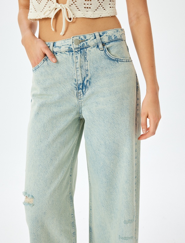 Yıpratma Detaylı Düşük Bel Bol Kalıp Kot Pantolon  -  Loose Straigh Fit Jean_4