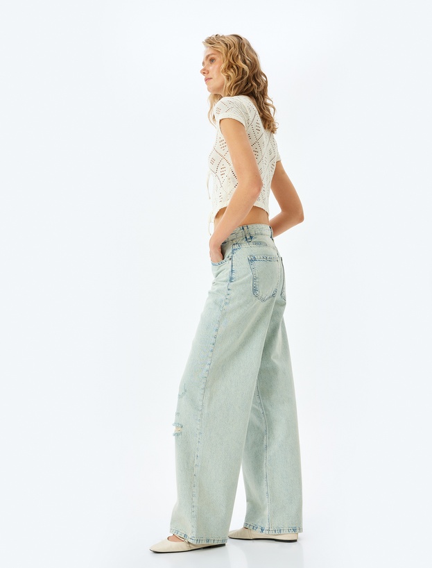 Yıpratma Detaylı Düşük Bel Bol Kalıp Kot Pantolon  -  Loose Straigh Fit Jean_1
