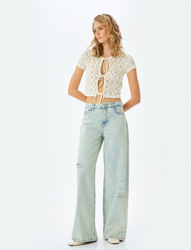 Yıpratma Detaylı Düşük Bel Bol Kalıp Kot Pantolon  -  Loose Straigh Fit Jean_0