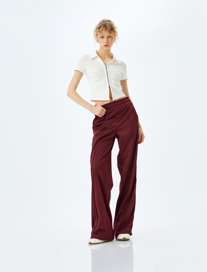  Fermuar Detaylı Slim Fit Drapeli Kısa Kollu Crop Tişört