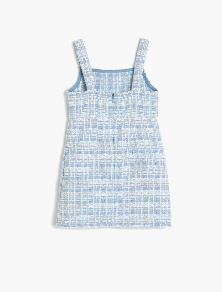 Kız Çocuk Kare Yaka Cep Detaylı Askılı  Tüvit Jile Elbise