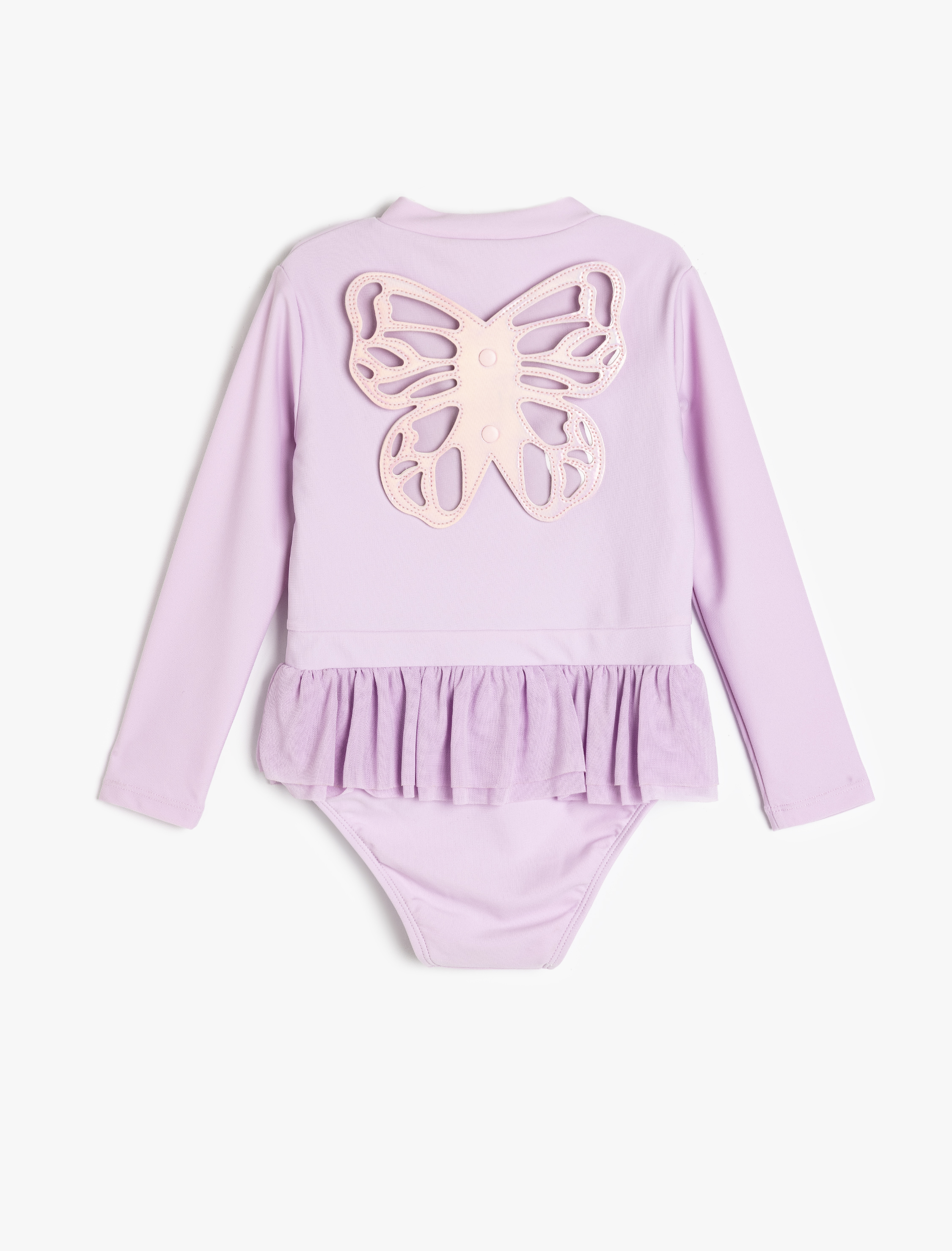  Kız Çocuk Fermuar Detaylı Fırfırlı Uzun Kollu Kelebekli Mayo