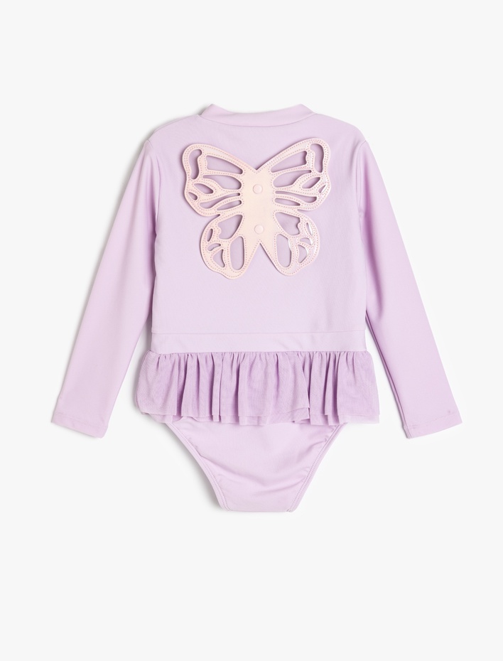 Kız Çocuk Fermuar Detaylı Fırfırlı Uzun Kollu Kelebekli Mayo