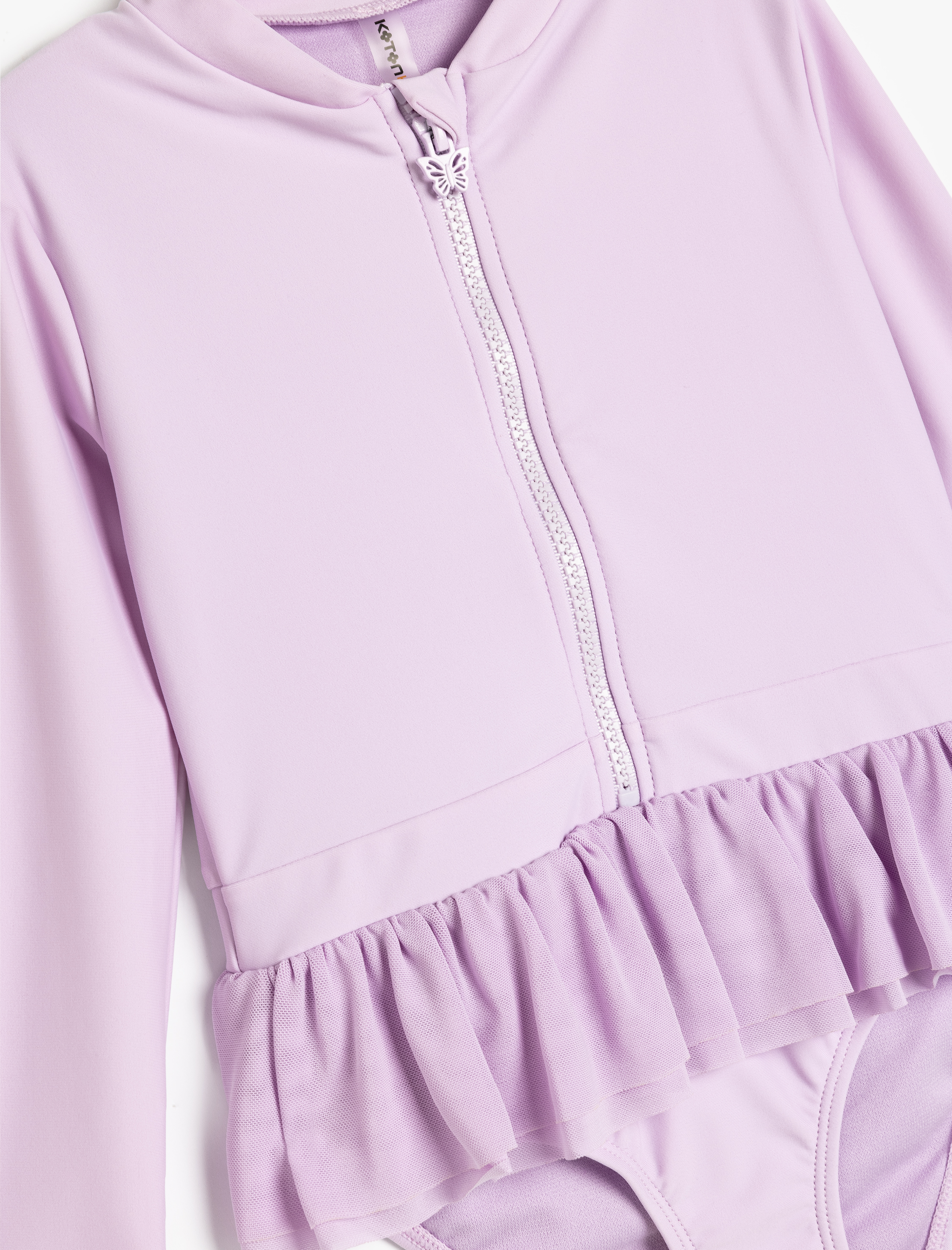  Kız Çocuk Fermuar Detaylı Fırfırlı Uzun Kollu Kelebekli Mayo