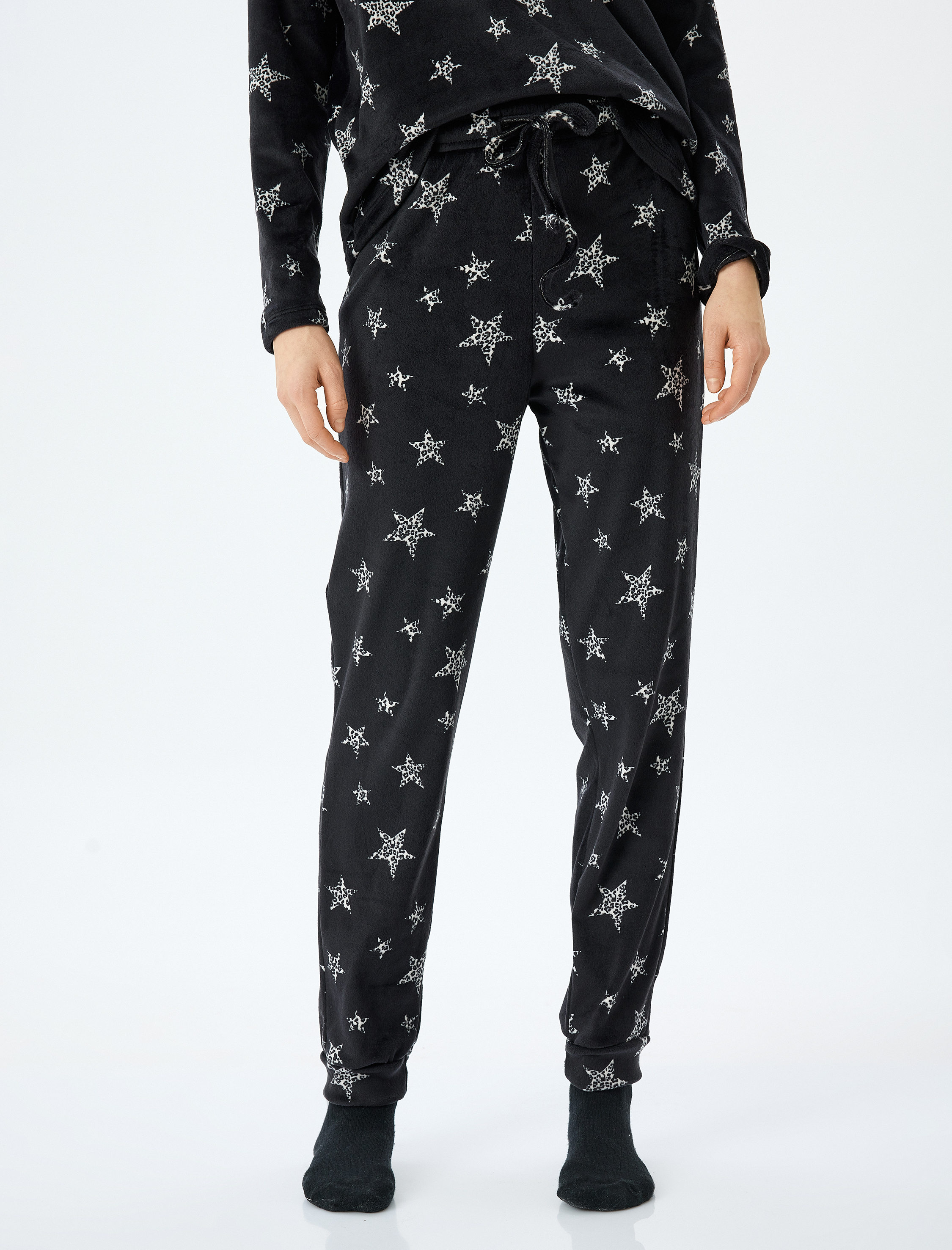   Yıldız Desenli Rahat Kalıp Uzun Kollu Polar Kadife Pijama Altı