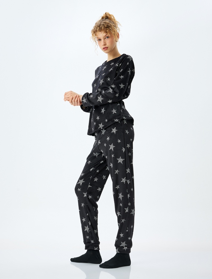  Yıldız Desenli Rahat Kalıp Uzun Kollu Polar Kadife Pijama Altı