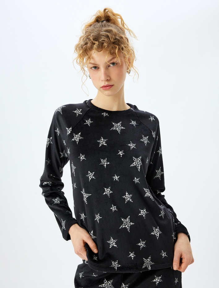  Yıldız Desenli Uzun Kollu Polar Kadife Pijama Üstü