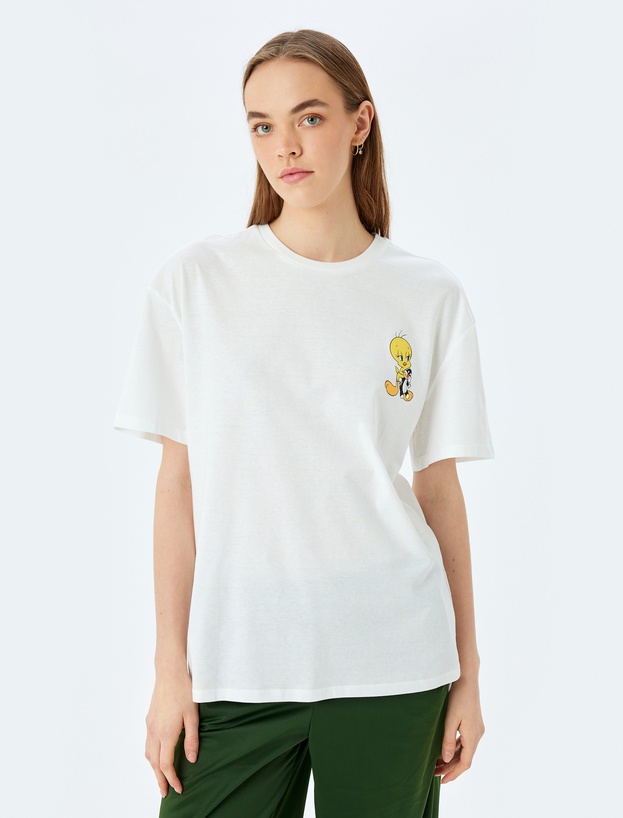 Looney Tunes Lisanslı Tweety Baskılı Oversize Pamuklu Tişört_2