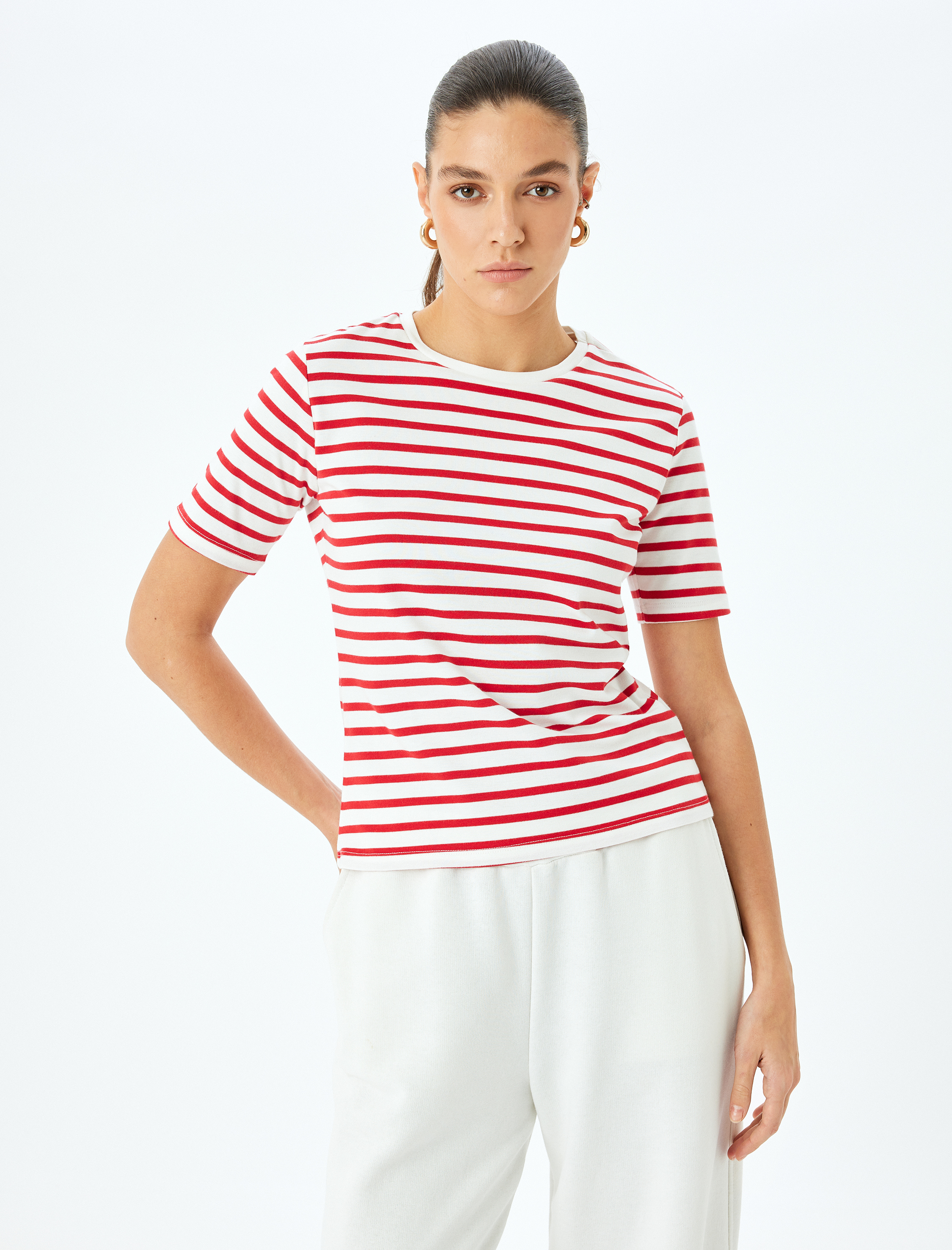   Pamuklu Bisiklet Yaka Kısa Kollu Çizgili Tişört