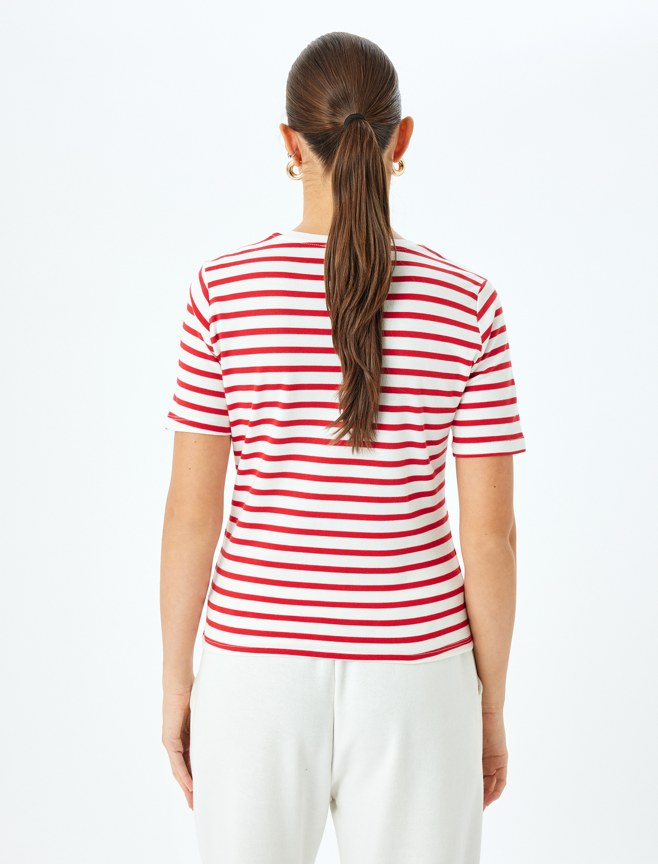   Pamuklu Bisiklet Yaka Kısa Kollu Çizgili Tişört