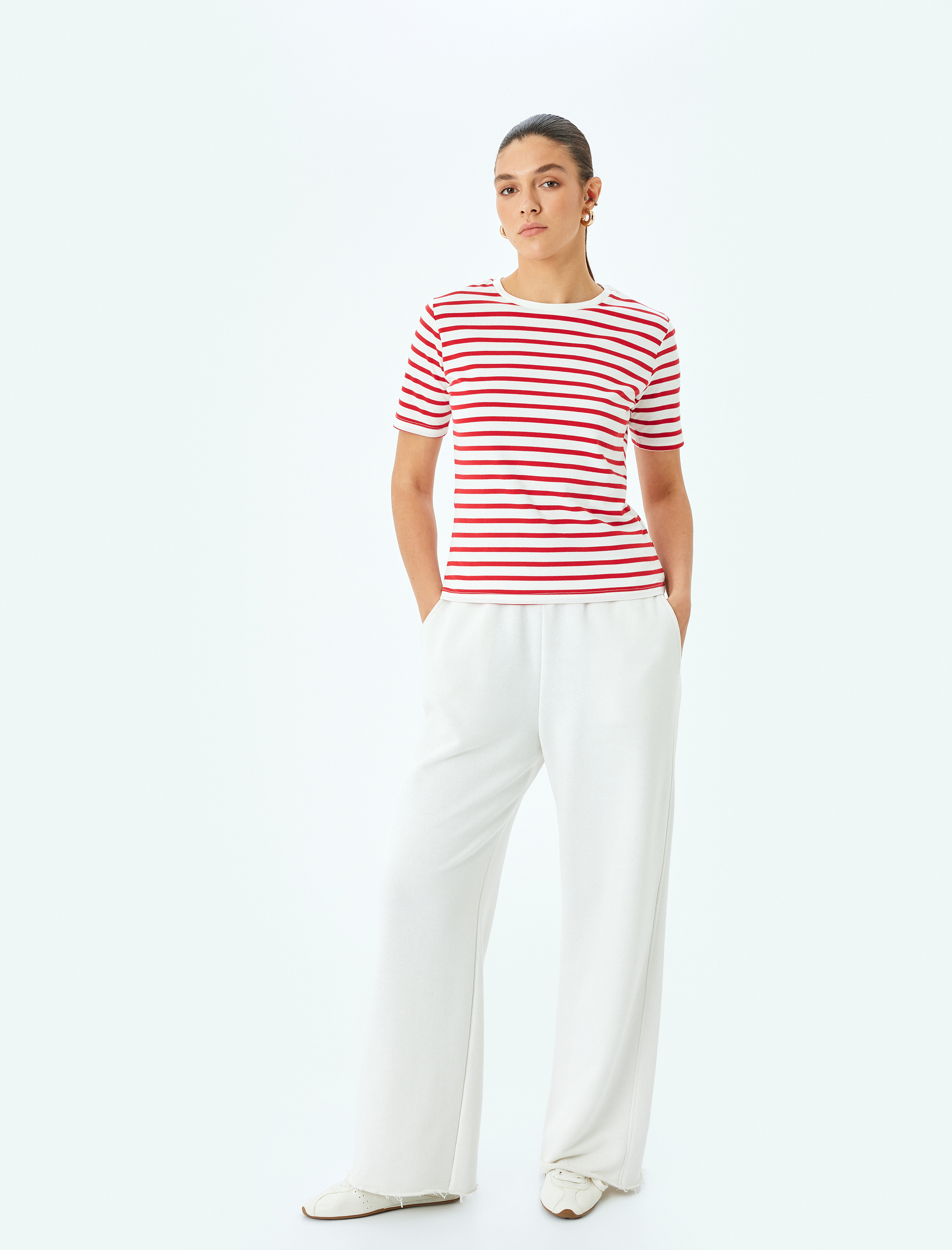   Pamuklu Bisiklet Yaka Kısa Kollu Çizgili Tişört