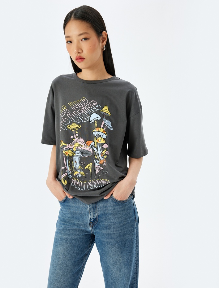  Baskılı Oversize Bisiklet Yaka Kısa Kollu Tişört